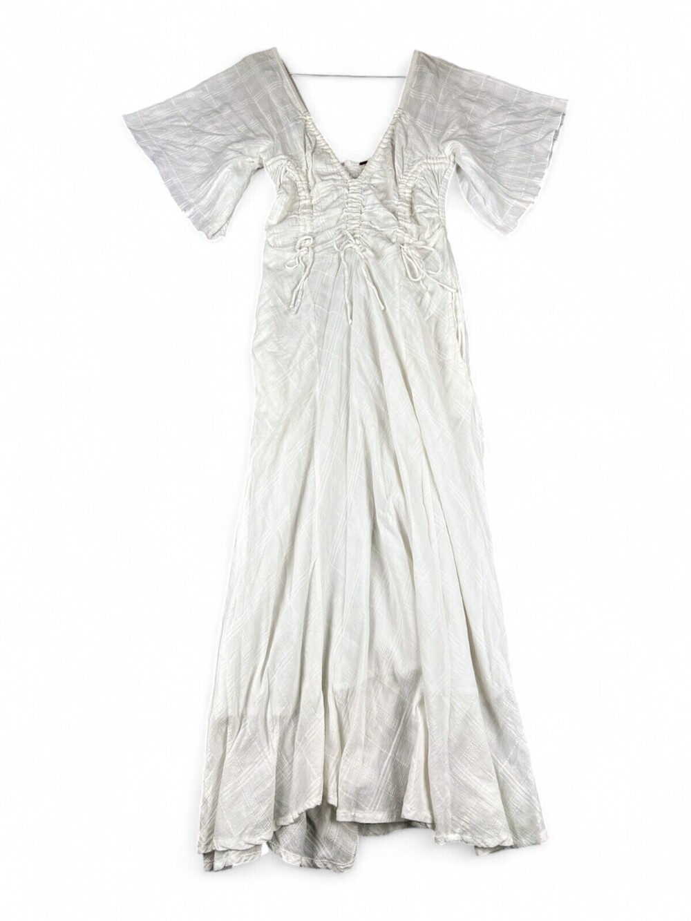 Free People White Ruched Backless Maxi Dress S Boho Kimono Sleeve Cotton